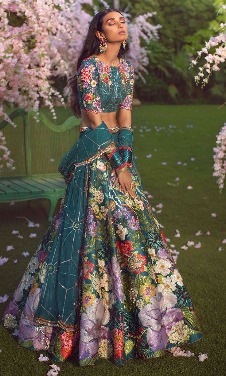 Multi-color Embellished Green Lehenga Choli Bridal Wear Green Lehenga Choli, Mehendi Outfit, Floral Lehenga, Green Lehenga, Traditional Indian Outfits, Indian Dresses Traditional, Mehandi Design, Indian Bridal Fashion, Indian Bridal Outfits