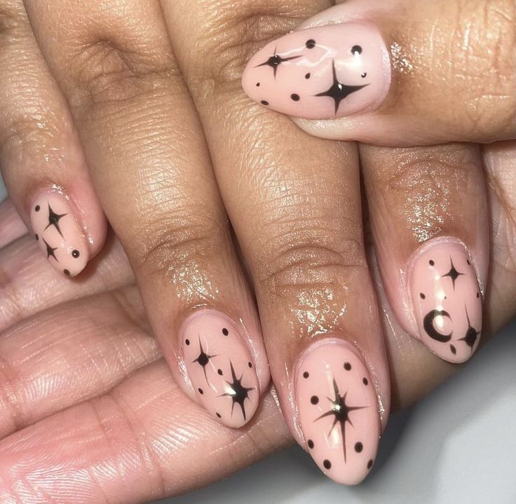 Biab round acrylics nails stars moons designs black nails training courses Black Almond Nails With Stars, Star Burst Nails, Rounded Nails Short, Star Moon Nails, Short Rounded Nails, Moon And Stars Nails, Moon And Star Nails, Short Round Acrylic Nails, Short Rounded Acrylic Nails