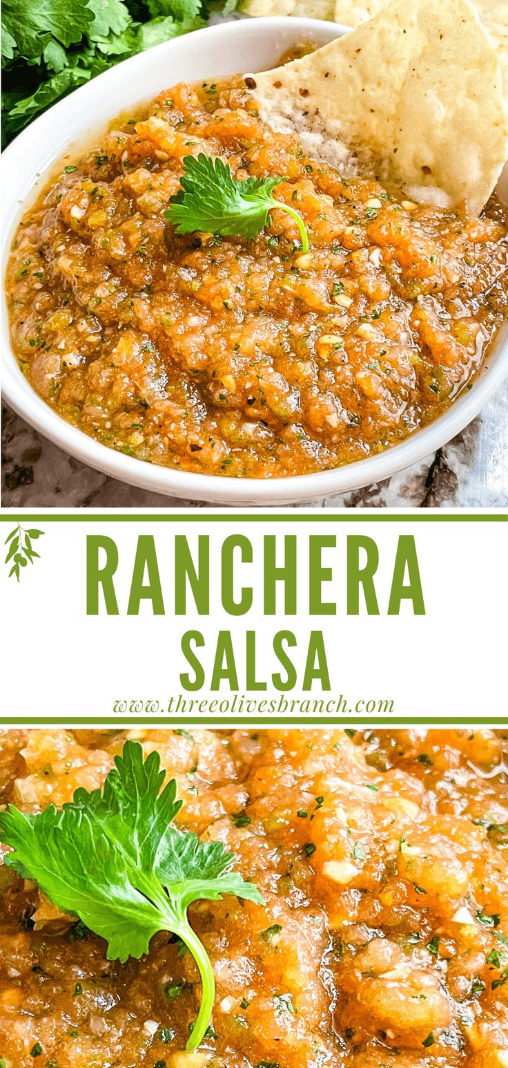 an image of ranchera salsa in a bowl with tortilla chips and cilantro