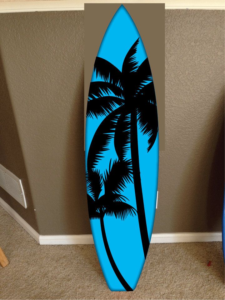 a blue surfboard sitting on top of a carpeted floor next to a wall