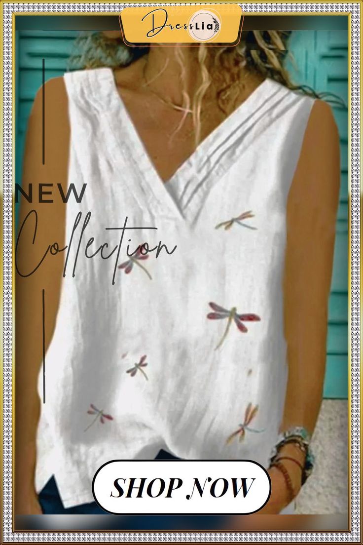 Sleeveless Cotton-blend Shirts & Tops Top Sewing, Casual Tanks, Vest White, Dragonflies, Sleeveless Tank Top, Sleeveless Tank, Eminem, Sleeveless Blouse, White Tops