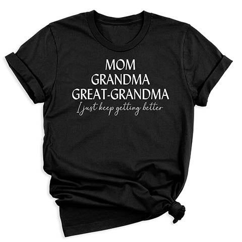 Mom Grandma Great Grandma T-Shirt Graphic Tee Crew Neck Tops For Family Gatherings, Graphic Tee With Crew Neck For Family Gatherings, Family Matching Graphic T-shirt, Family Matching Graphic Print T-shirt For Gatherings, Text Print Crew Neck Top For Family Reunion, Graphic Cotton T-shirt For Family Gatherings, Crew Neck Cotton T-shirt For Family Gatherings, Cotton Crew Neck T-shirt For Family Gatherings, Funny Text Crew Neck T-shirt For Family Reunion