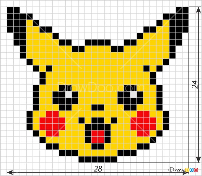 a pixellated image of a pikachu face in yellow and black, with red eyes