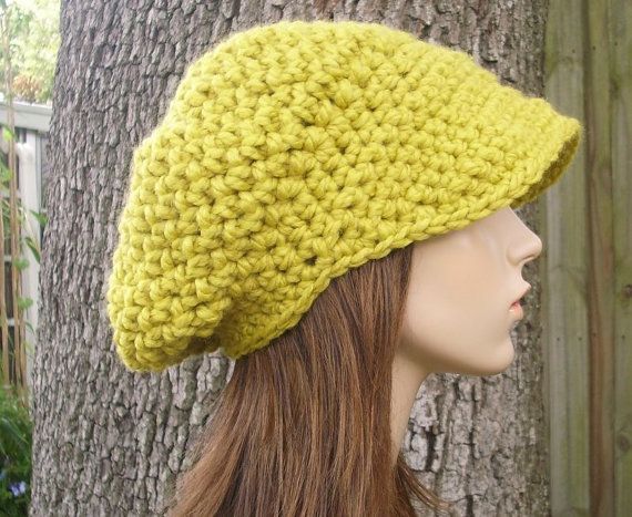 Comfy.  Cute.  Large enough to hold big hair.   (Pixiebell, Etsy) Yellow Beret, Chunky Crochet Hat, Crochet Newsboy Hat, Crochet Hat With Brim, Knit Beret, Chunky Knit Hat, Mens Hat, Handmade Knitwear, Womens Hat