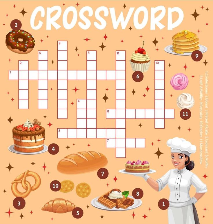 a crossword puzzle with different foods and desserts on the table, including cake