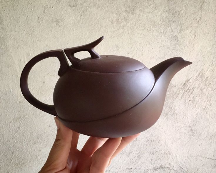 a hand holding a teapot shaped like a bird