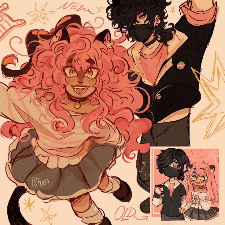 two anime characters one with pink hair and the other black