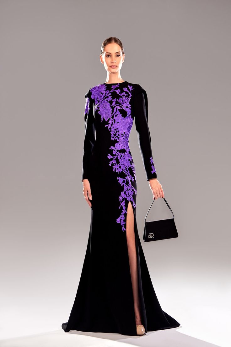 Indulge in elegance with the Reverie Couture SP24105 Marrocain Crepe Purple Silk Thread Embroidery dress. Elevate your style with exquisite craftsmanship and luxurious details. Embrace sophistication with this timeless piece. Couture Gown For Formal Gala, Couture Gala Gown For Formal Occasions, Couture Formal Gown For Gala, Luxury Long Sleeve Silk Gown, Elegant Gala Gown With Floral Embroidery, Elegant Gown With Floral Embroidery For Gala, Elegant Floral Embroidered Gown For Gala, Luxury Embroidered Gala Dresses, Luxury Floral Embroidery Dress For Gala