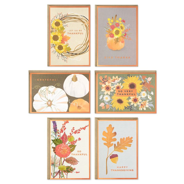 four greeting cards with sunflowers, pumpkins and flowers on them are shown