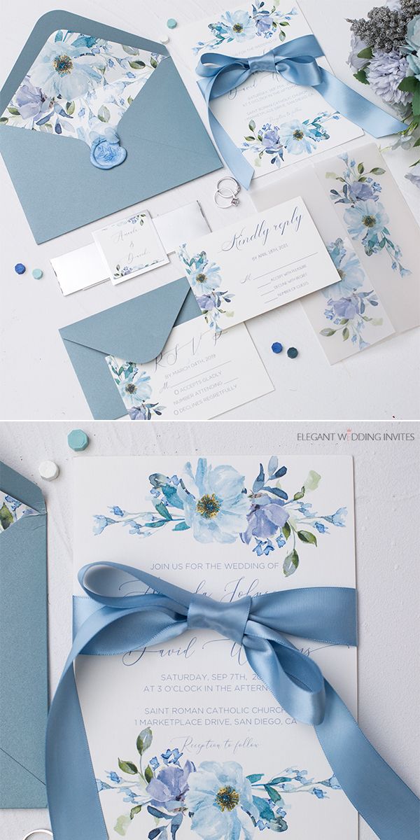 the wedding stationery is laid out on top of each other with blue ribbons and flowers