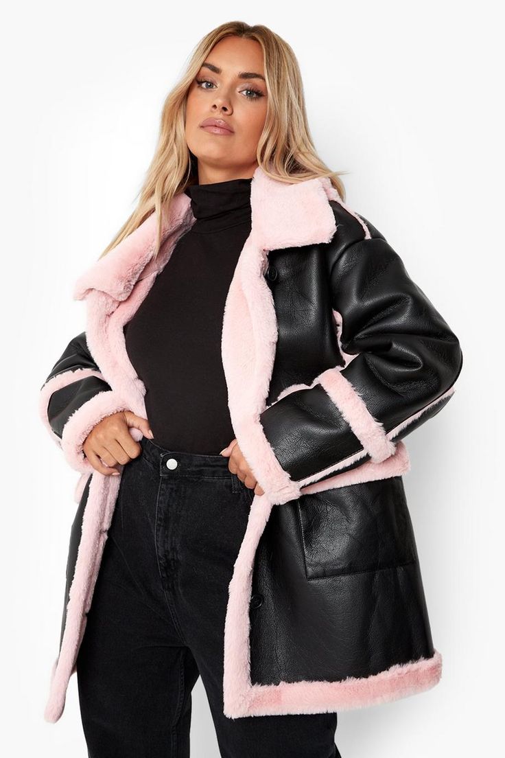 You've found your new closet staple with this plus size coat. It's super comfortable, providing warmth, but also breathability, making it perfect for layering. Our plus size jackets for women are cut with extra room on the body and shoulders, and deeper armholes, so you can look and feel your best, without worrying about the fit. Get a more defined shape with this coat, that cinches at the waist, and is flexible enough to move with you. For statement looks, we've got you covered.Style: Aviator Faux Fur Coats, Aviator Jacket, Pink Fur, Pink Faux Fur, Aviator Jackets, Plus Size Coats, Aviator Style, Fur Coats, Jacket Design