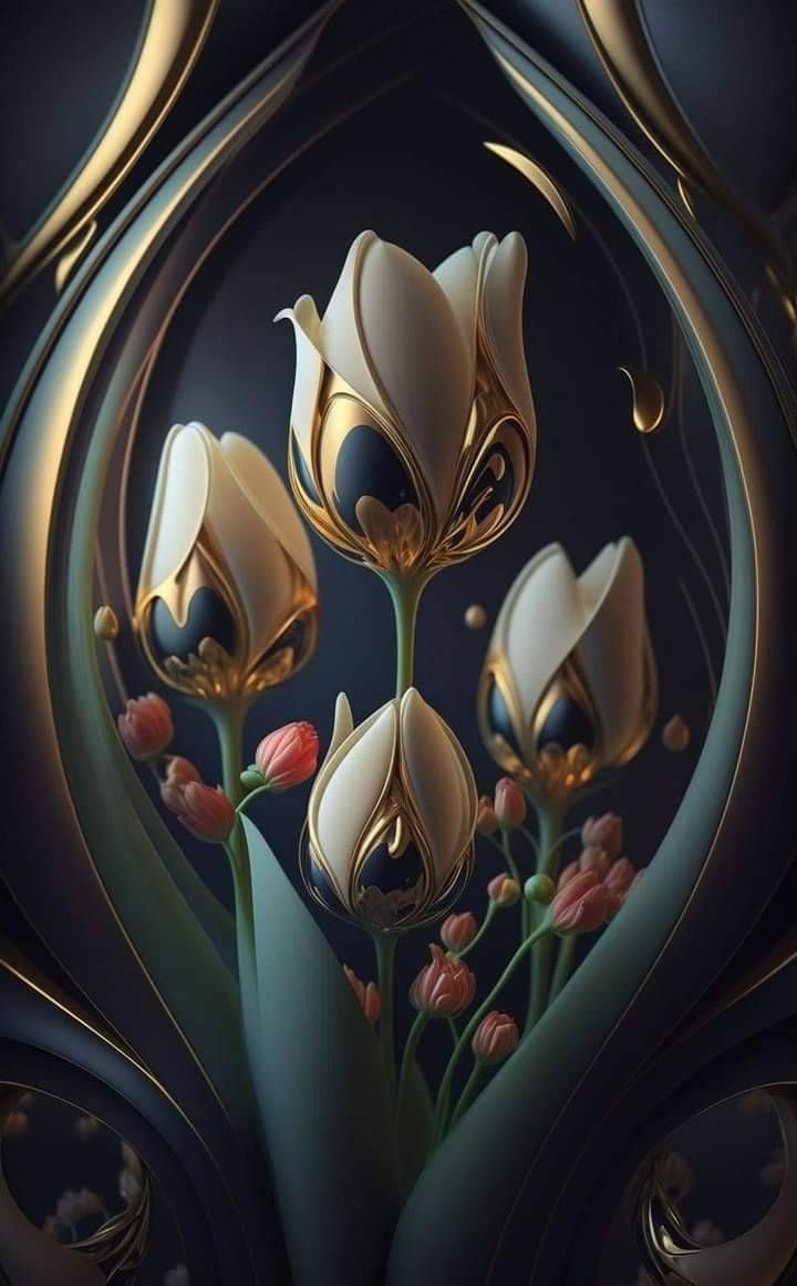 some flowers are in the middle of an artistic painting with gold trimmings on it