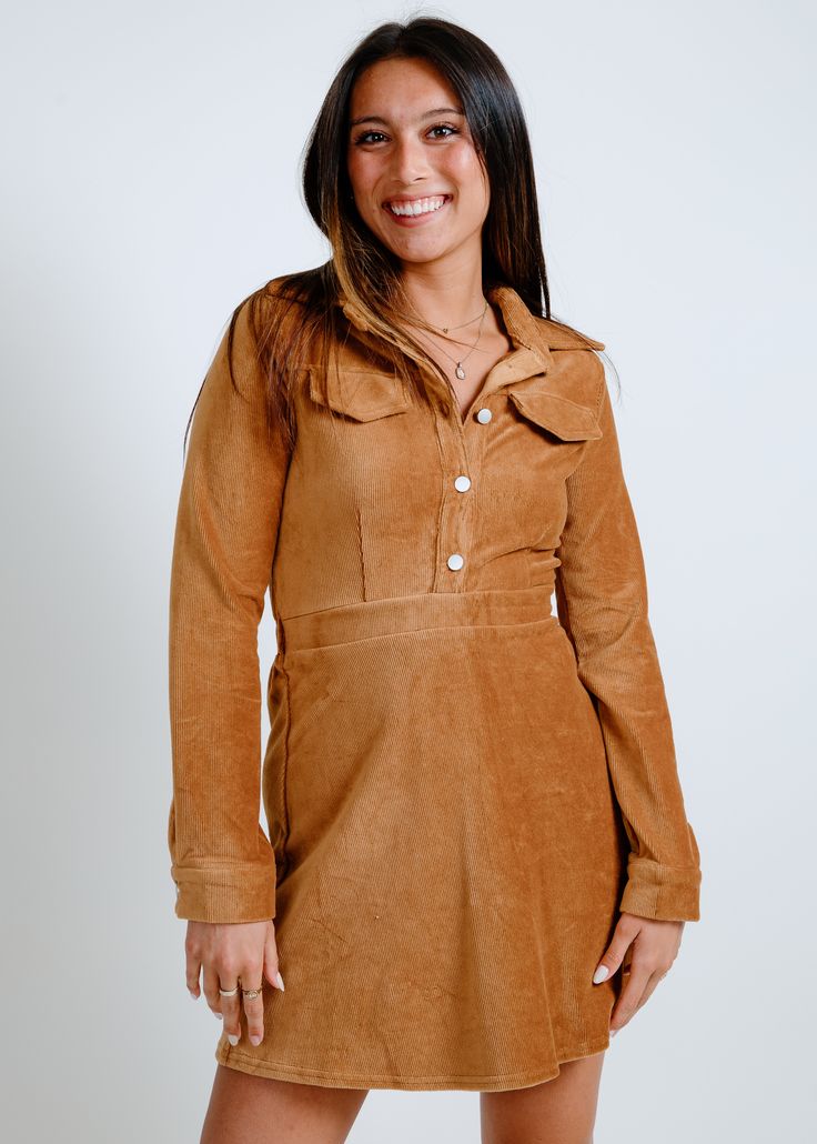 Slay in style with our Mary Corded Shirt Mini Dress in a cool camel color fun for any occasion, making this dress a playful and sophisticated choice. Fabric: 65% Cotton, 32% Polyester, 3% Spandex Care: Hand Wash Cold, Lay Flat To Dry Model: 5'3" Wearing a Small Shirt Mini Dress, Mini Shirt Dress, Camel Color, Lay Flat, In Style, Camel, Hand Wash, Spandex, Mini Dress