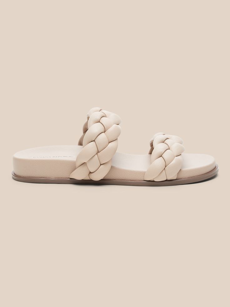 Braided Leather Sandal | Banana Republic Comfortable Woven Leather Slip-on Sandals, Casual Beige Braided Sandals, Synthetic Flat Slides With Leather Footbed, Flat Slides With Leather Footbed, Beige Woven Leather Sandals With Round Toe, Flat Braided Sandals For Beach, Comfortable Synthetic Sandals With Leather Footbed, Flat Heel Synthetic Sandals With Woven Leather, Synthetic Woven Leather Flat Sandals