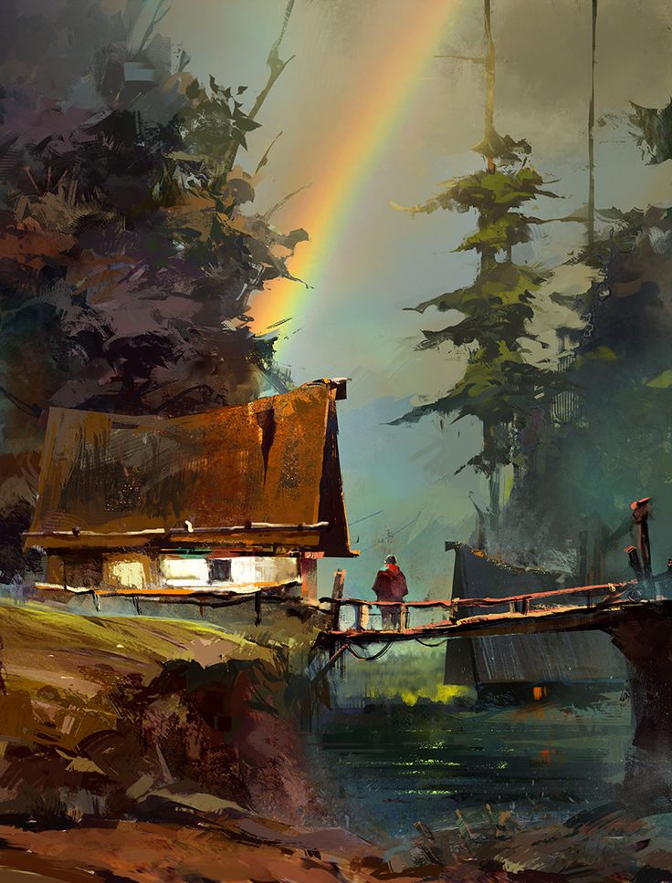 a painting of people standing on a dock with a rainbow in the sky behind them