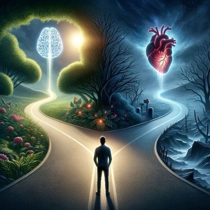 a man standing in the middle of a road at night with a glowing heart above it