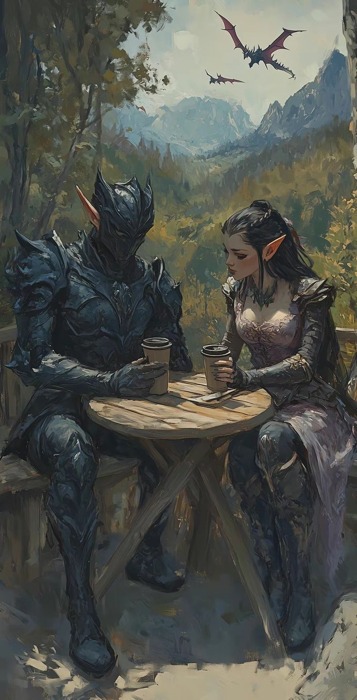 two people sitting at a table in front of a dragon flying over the mountain range