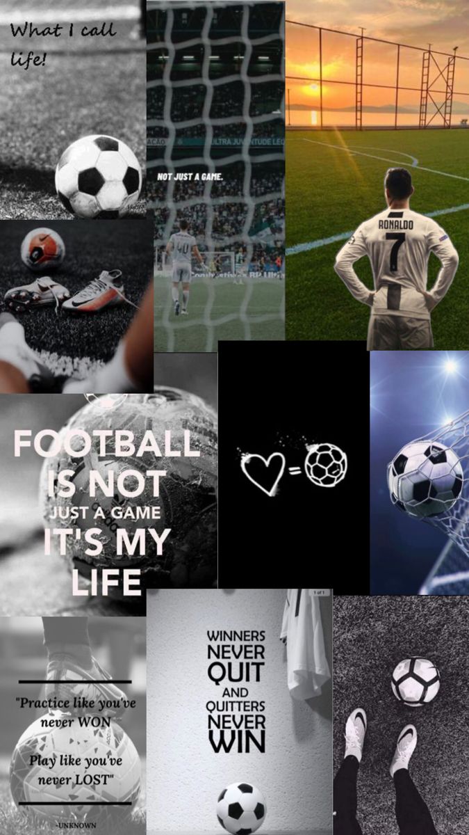 a collage of different sports related items including soccer balls, goalies and words