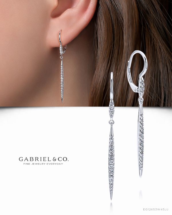 Embodying an edge of sleek minimalism, these drop earrings shine with tapered columns of brilliant 0.28ct diamonds. Make a bold statement by introducing this sharp style into your jewelry wardrobe.  EG12653W45JJ #GabrielNY#DiamondJewelry#FineJewelry#GabrielAndCo#UniqueJewelry#FineJewelry#FashionJewelry#UniqueJewelry#GiftIdeas#UniqueGifts#DiamondJewelry #Jewelry#Earrings #FashionEarrings Luxury Diamond Cut Linear Earrings As A Gift, Luxury Pierced Linear Earrings For Party, Luxury Fine Jewelry Linear Earrings For Gifts, Luxury Linear Earrings As Fine Jewelry Gift, Luxury Elegant Rectangular Diamond Earrings, Luxury Elegant Linear Earrings As Gift, Luxury Classic Linear Earrings For Party, Luxury Timeless Linear Earrings For Gifting, Luxury Minimalist Linear Earrings For Anniversary