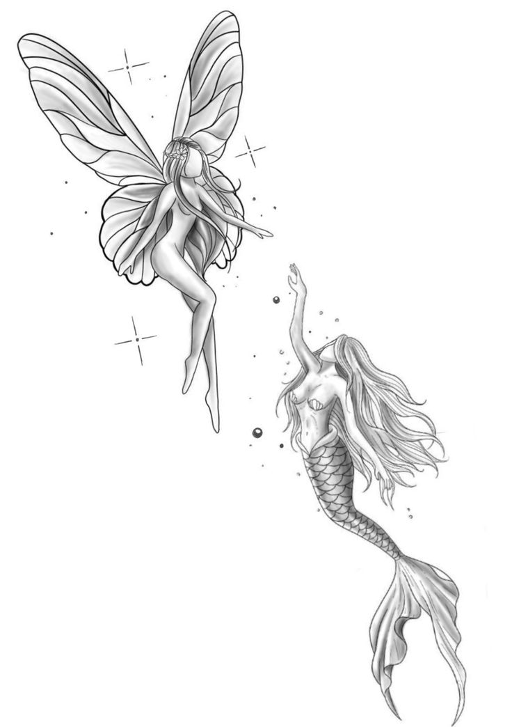 a drawing of two mermaids with wings and tails, one in black and white