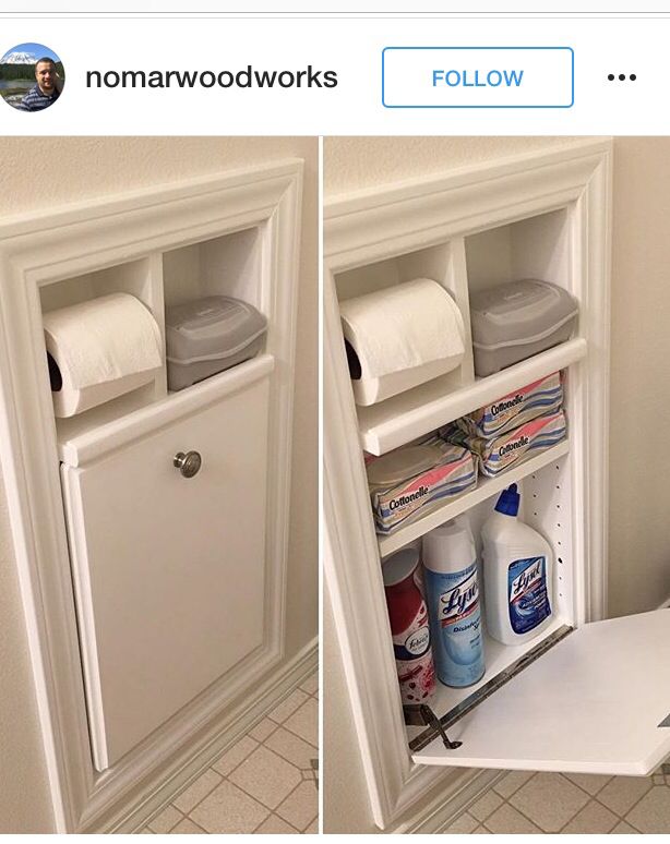 two photos of the same bathroom cabinet with toilet paper and other items in each drawer