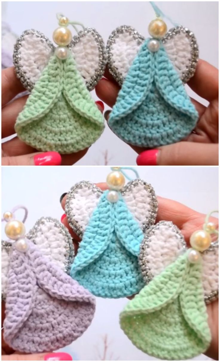 crocheted angel ornament with pearls in the middle and two pictures of it