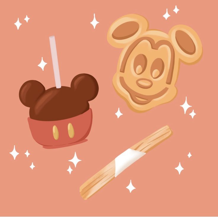 an image of mickey mouse and other food items on a pink background with white stars