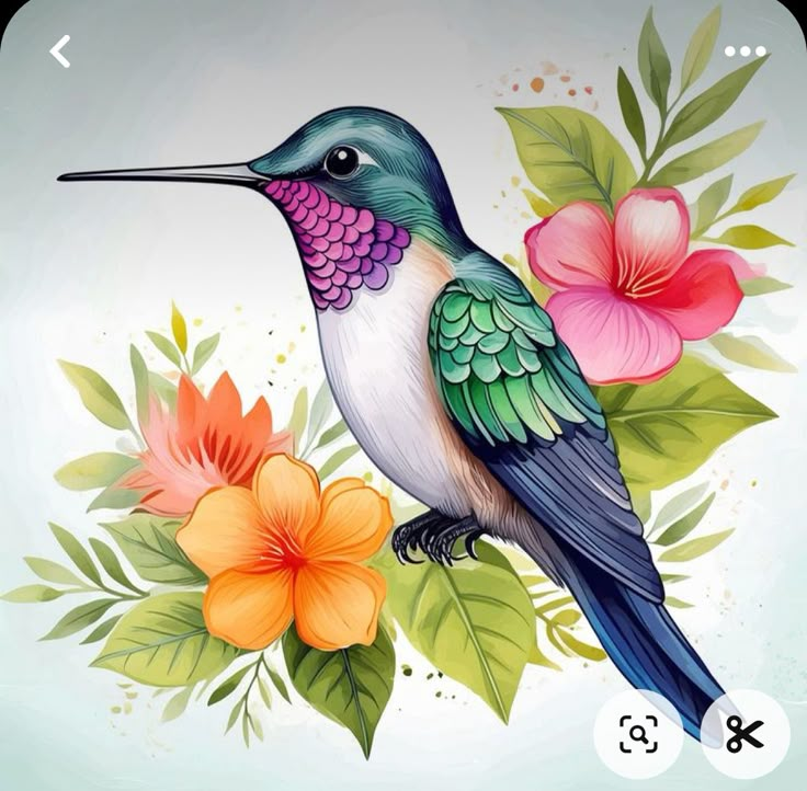 a painting of a hummingbird sitting on a branch with flowers and leaves around it