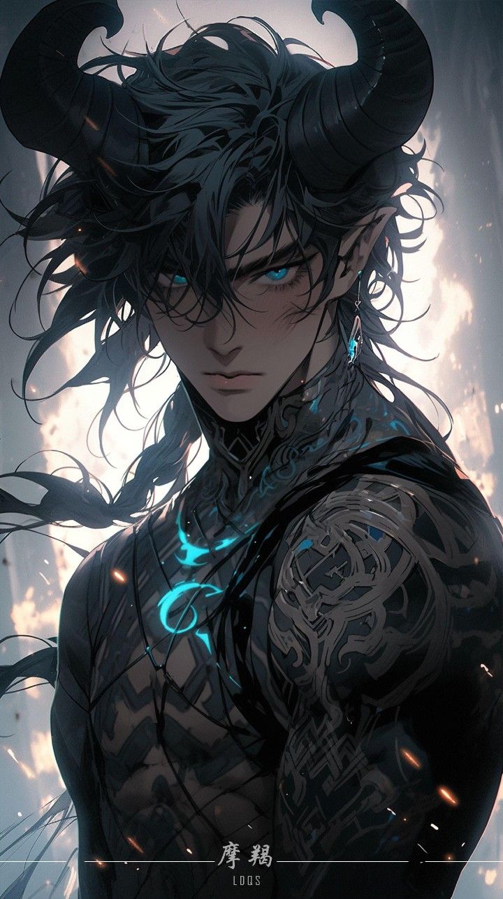 an anime character with horns on his head and blue eyes, standing in front of a dark