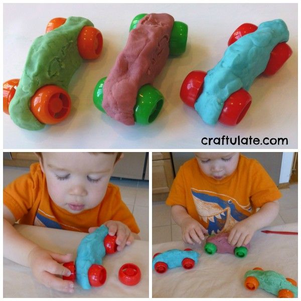 three pictures of children playing with toys on the floor and in front of them is an image of a child's toy train