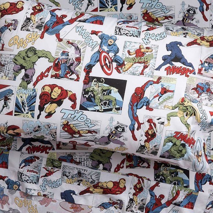 the avengers bedding is made up with comic character sheets and pillow cases on it