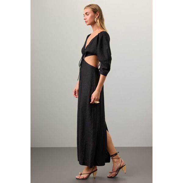 Black (Shell: 100% Hemp; Lining: 100% Cotton). Cocktail Dress. Long Sleeve. V-Neck. Pull on. Imported. Chic Black V-neck Dress With Surplice Neckline, Black V-neck Dress With Surplice Neckline For Spring, Black V-neck Maxi Dress For Date Night, Chic V-neck Maxi Dress For Fall, Chic Midi Dress With Open Neckline For Date Night, Spring Evening V-neck Dress, Black Fitted V-neck Dress For Brunch, Chic Black V-neck Dress For Brunch, Spring Formal Dress With Open Neckline