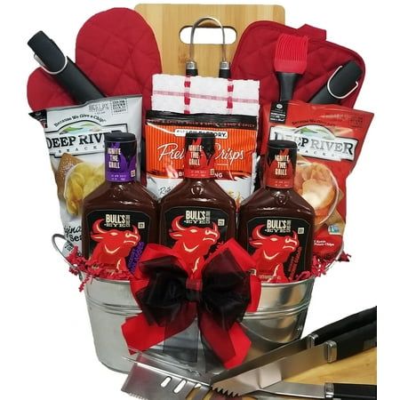 a gift basket filled with condiments and wine