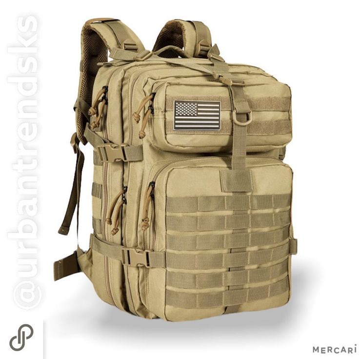 a large backpack with an american flag on the front and side panels, all in tan