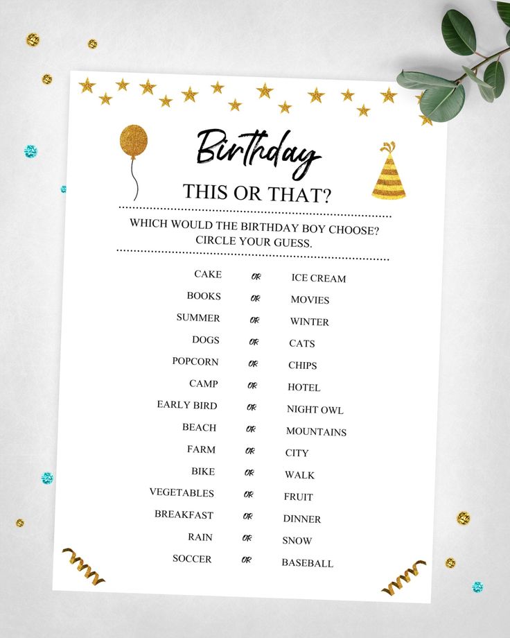 a printable birthday game for kids with gold stars and confetti on it