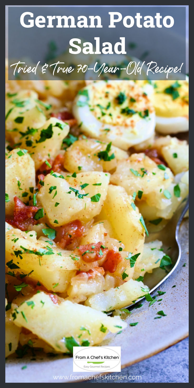 German Potato Salad on platter with serving spoon. Sweet German Potato Salad, German Potato Salad Dressing, Easy German Potato Salad Recipe, Vinegar Potato Salad Recipe, Potato Salad Side Dishes, Tangy Potato Salad, Potato Salad Vinegar Based, German Potatoes Recipes, Vinegar Based Potato Salad