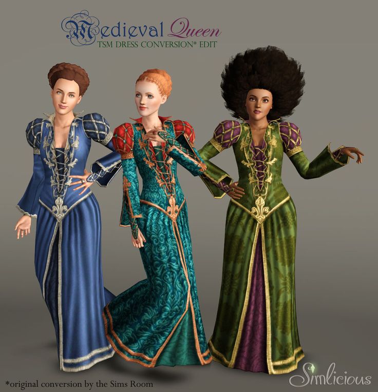 three women are dressed in different colored dresses