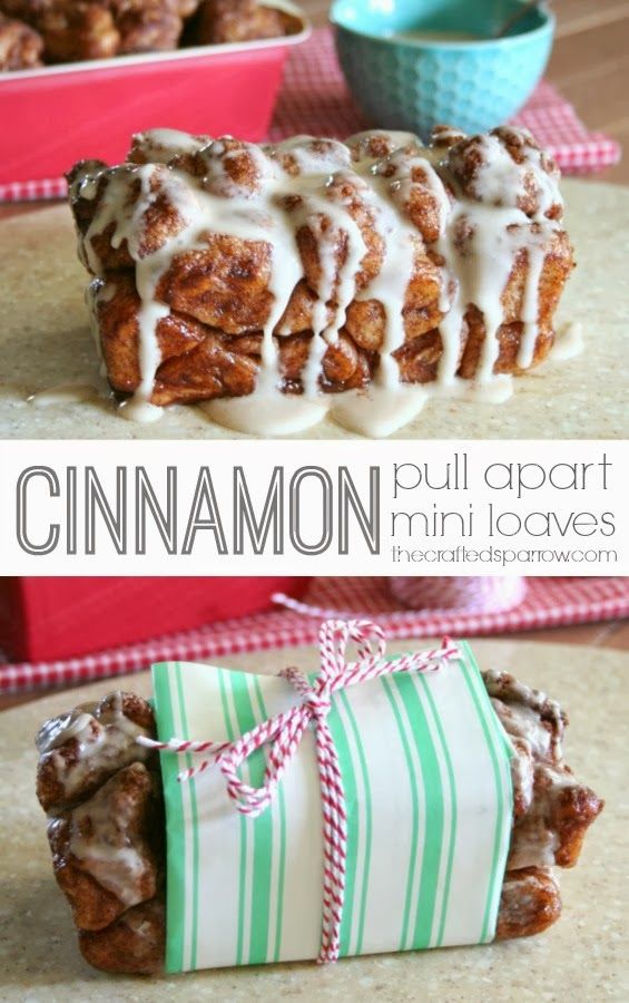 cinnamon pull apart mini loaves with icing on top and wrapped in green and white striped paper