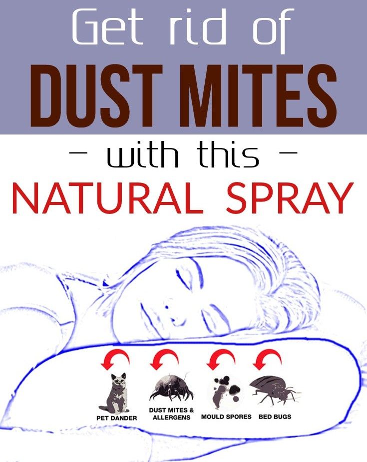 a woman sleeping in bed with the text get rid of dust mitts with this natural spray