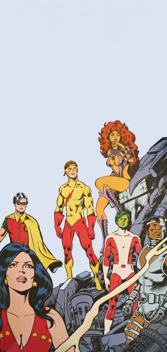 an image of some people in the background with comic characters on them and one woman holding a rope