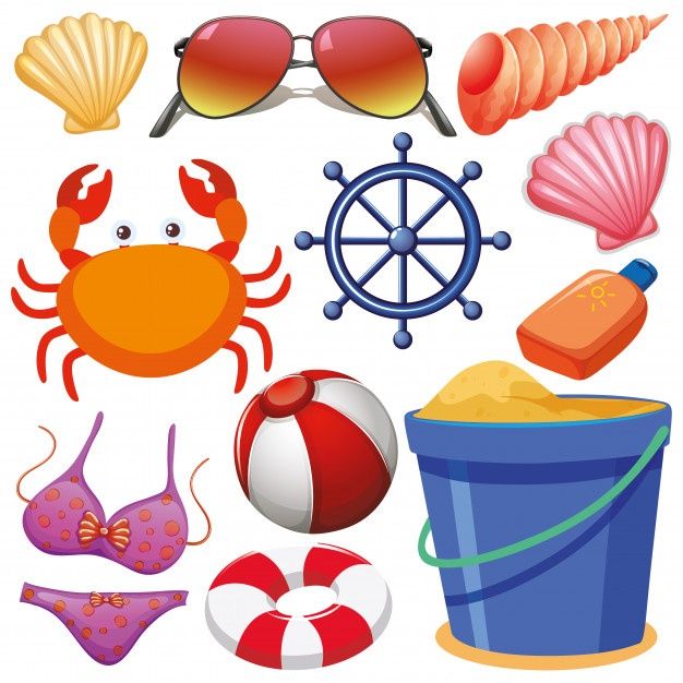 various beach items are grouped together on a white background