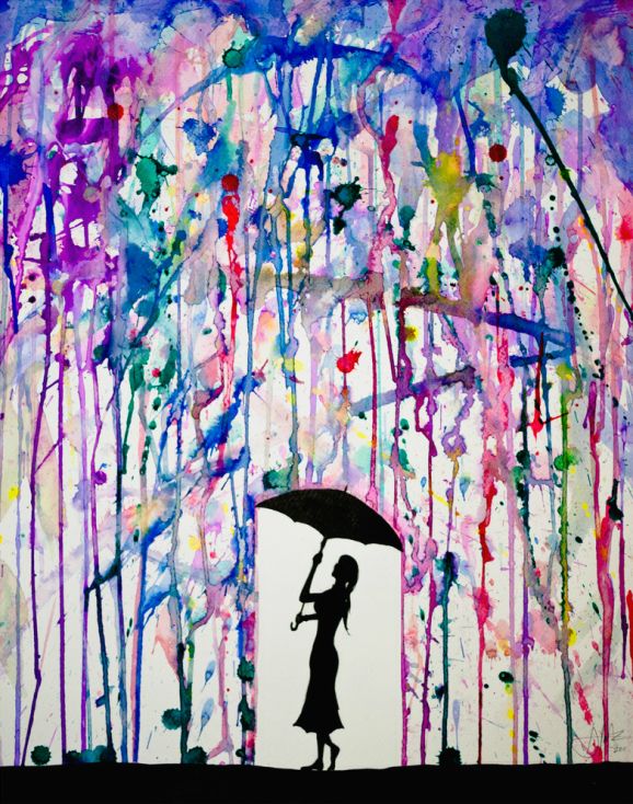 a painting of a woman holding an umbrella in the rain with lots of paint splatters all over her