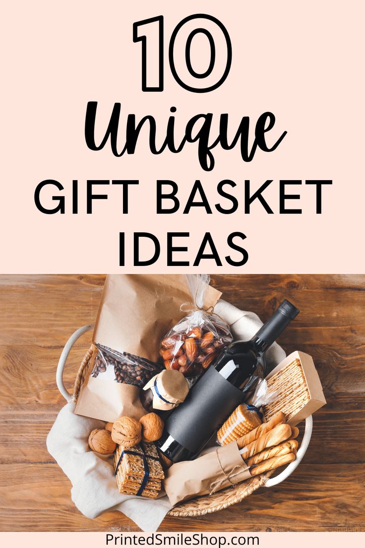 a basket filled with wine, nuts and other items on top of a wooden table