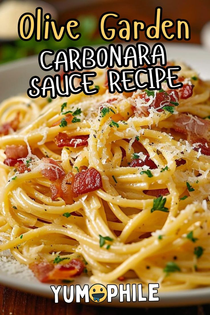 the cover of olive garden's carbonara sauce recipe is shown on a plate