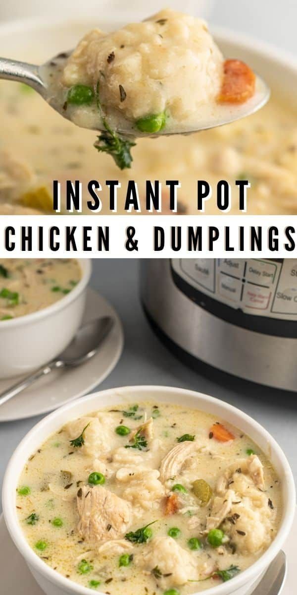 instant pot chicken and dumpling soup in a white bowl with a ladle full of the soup