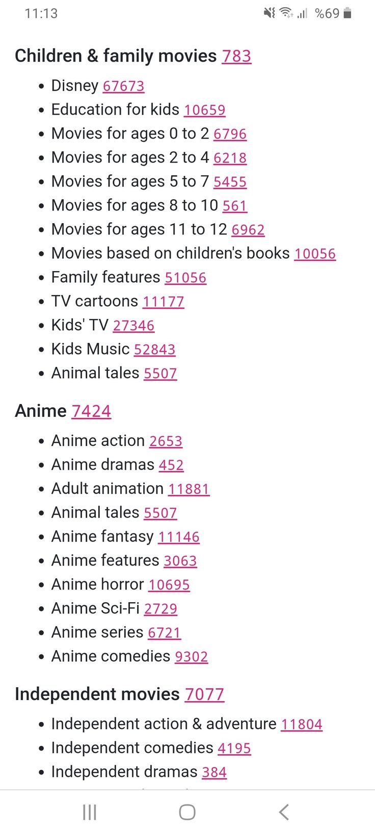 an iphone screen showing the movie list for children and family movies, with pink font