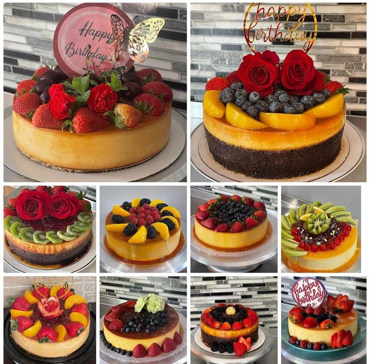 a collage of different cakes decorated with fresh fruit and flowers on each cake plate