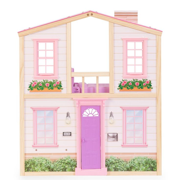 a doll house with pink doors and windows