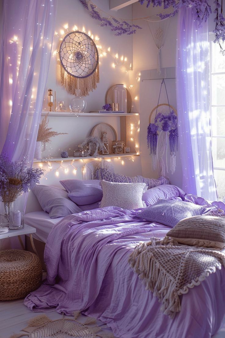 a bedroom decorated in purple and white with fairy lights