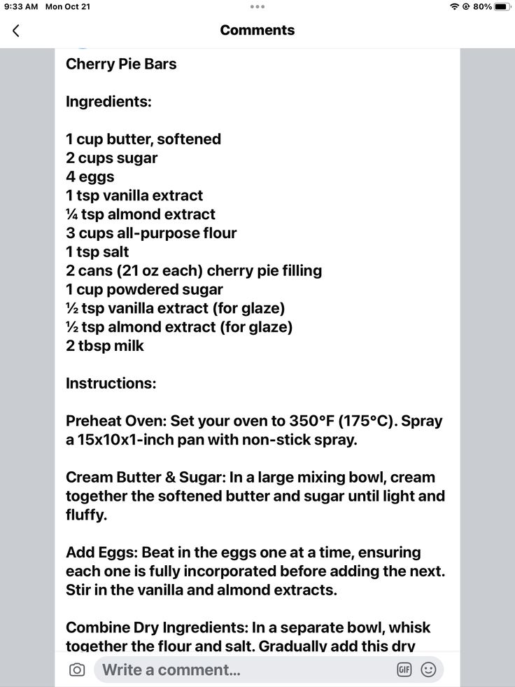 the recipe for cherry pie bars on an iphone